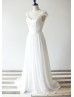 Ivory Lace Chiffon Pearl Buttons Back Flowing Wedding Dress